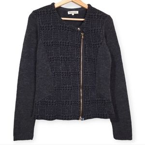 Maryline Wool Blend Houndstooth Herringbone Zip Cardigan Sweater